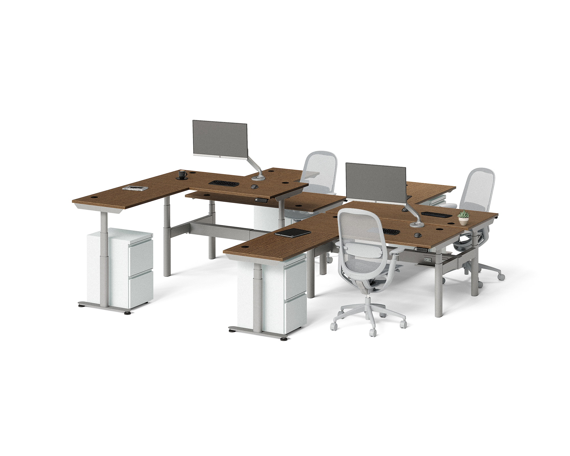 Sol L-Shaped Adjustable-Height Desks for 4