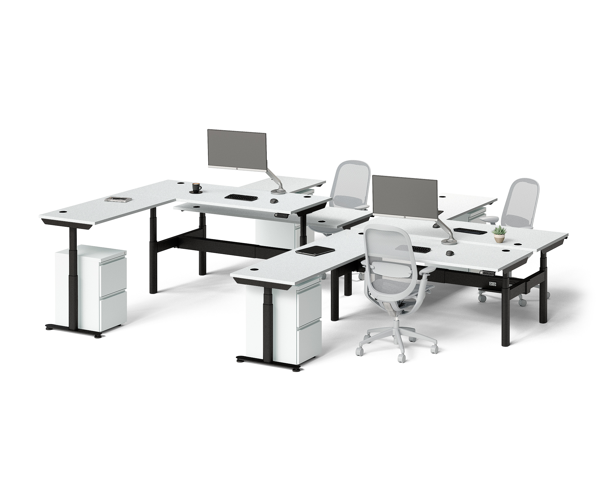 Sol L-Shaped Adjustable-Height Desks for 4