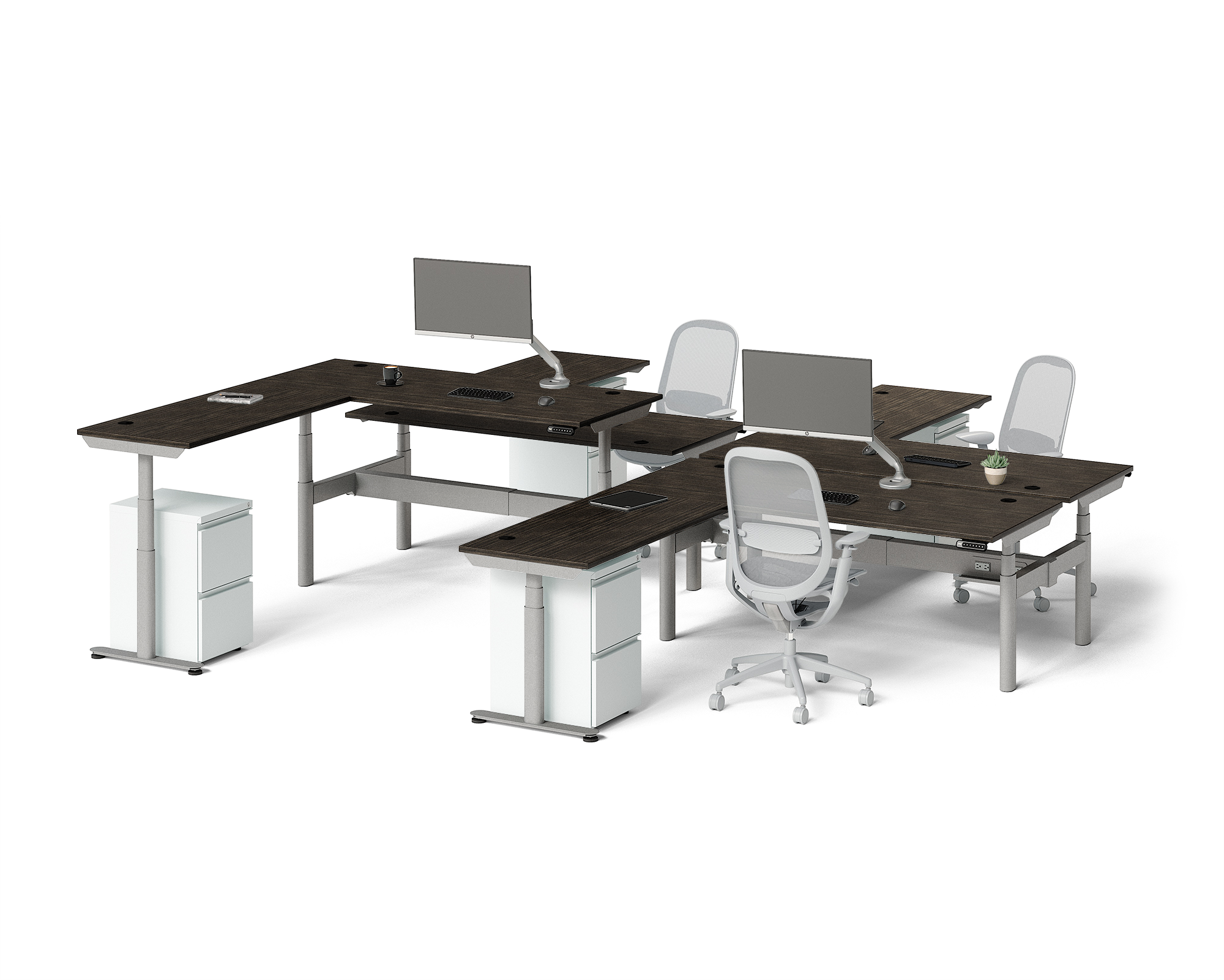 Sol L-Shaped Adjustable-Height Desks for 4