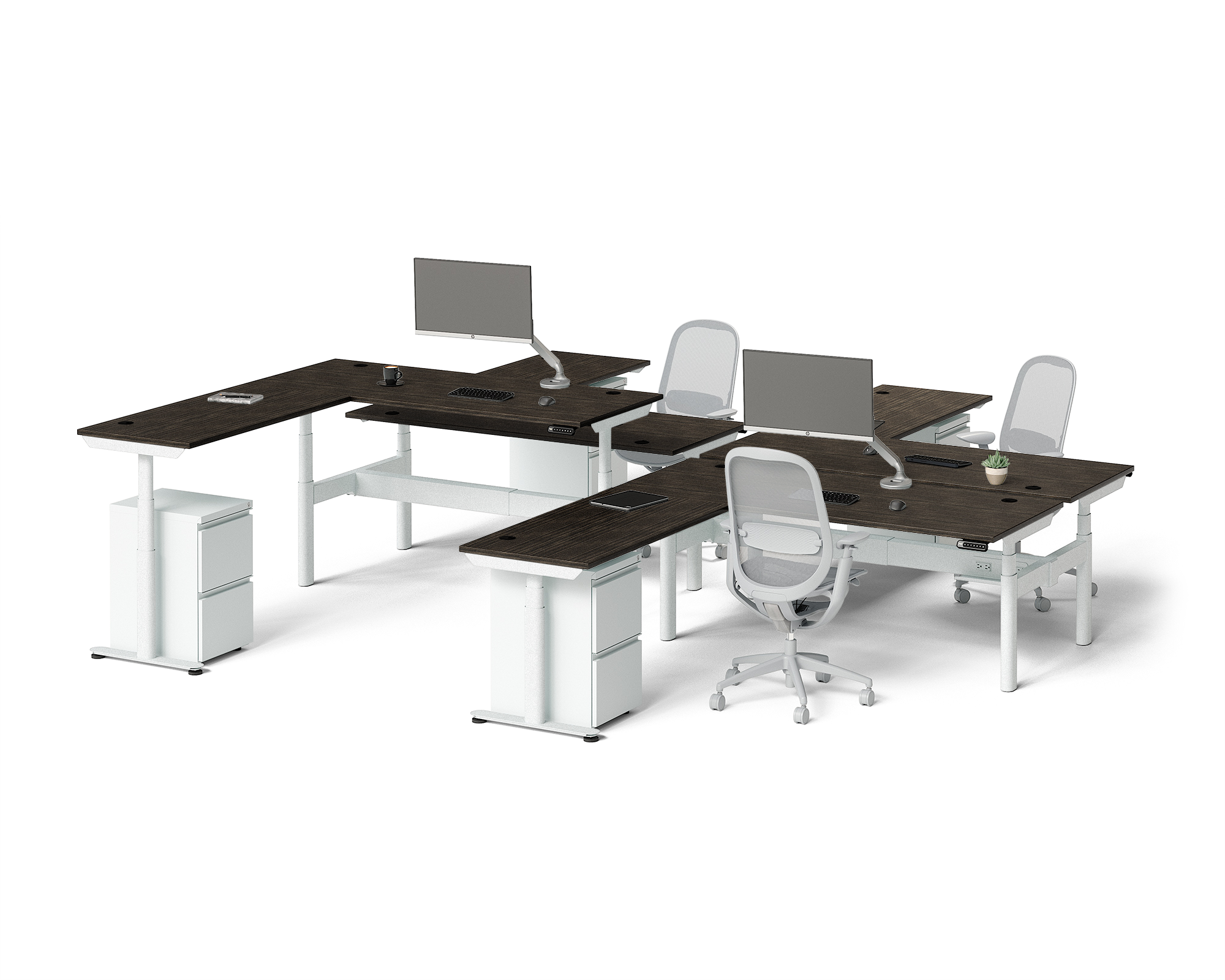 Sol L-Shaped Adjustable-Height Desks for 4