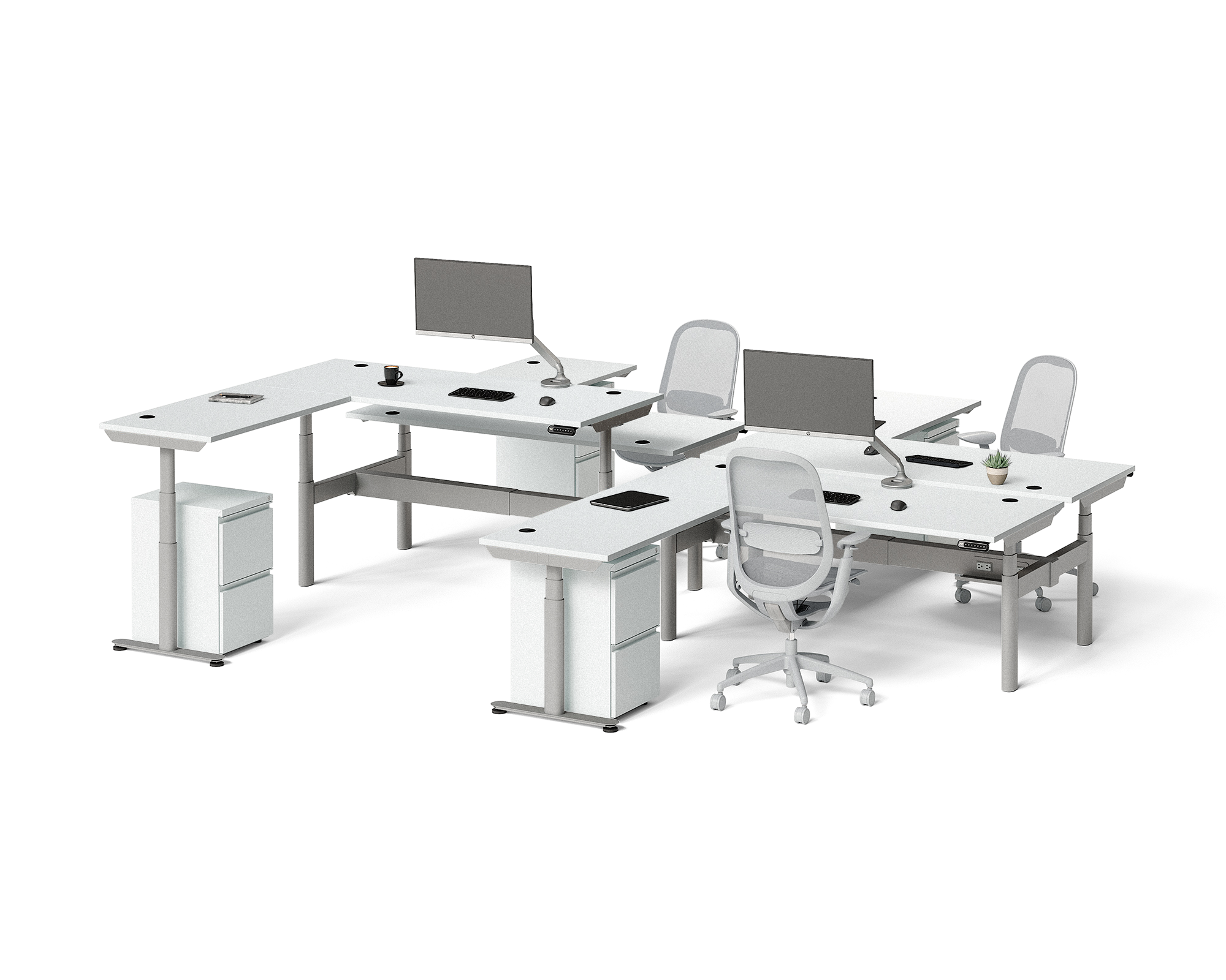 Sol L-Shaped Adjustable-Height Desks for 4