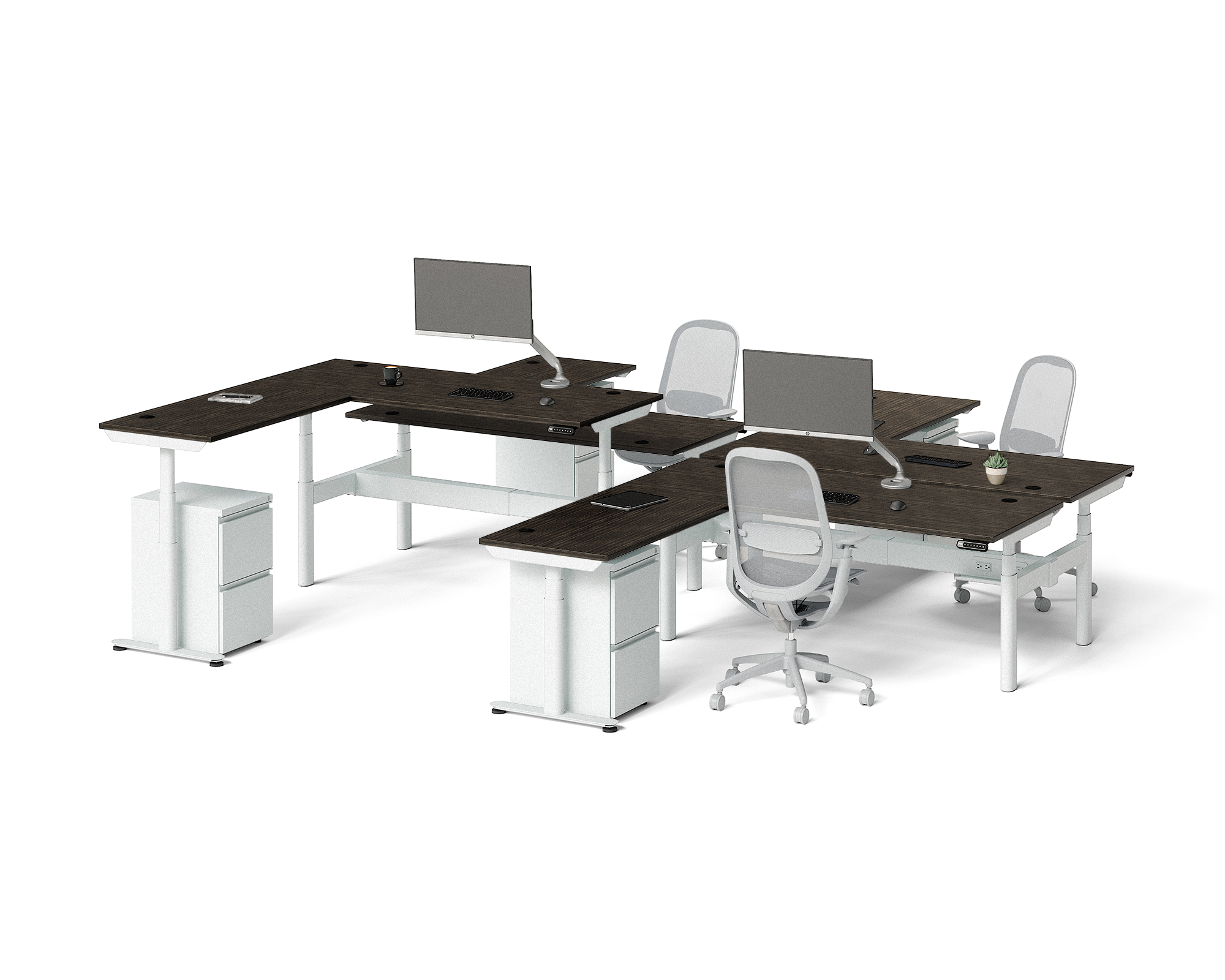 Sol L-Shaped Adjustable-Height Desks for 4