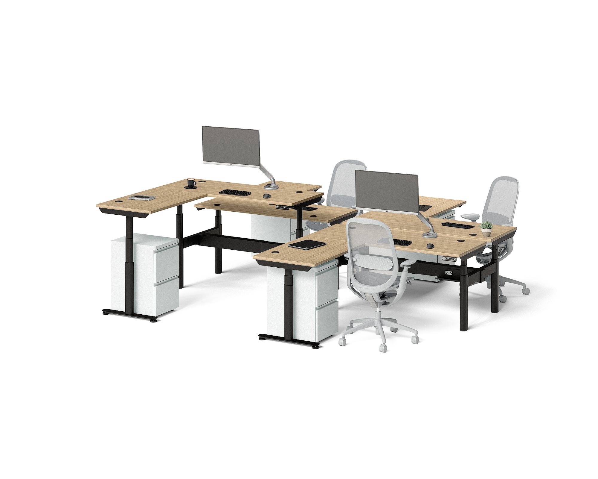 Sol L-Shaped Adjustable-Height Desks for 4
