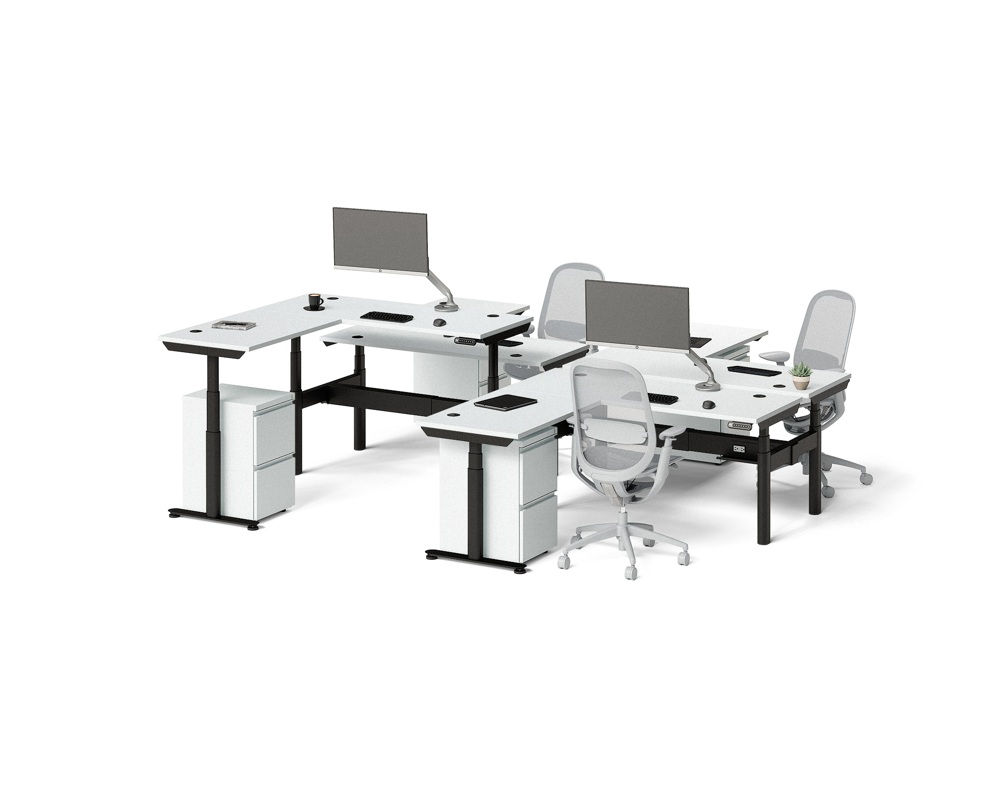 Sol L-Shaped Adjustable-Height Desks for 4