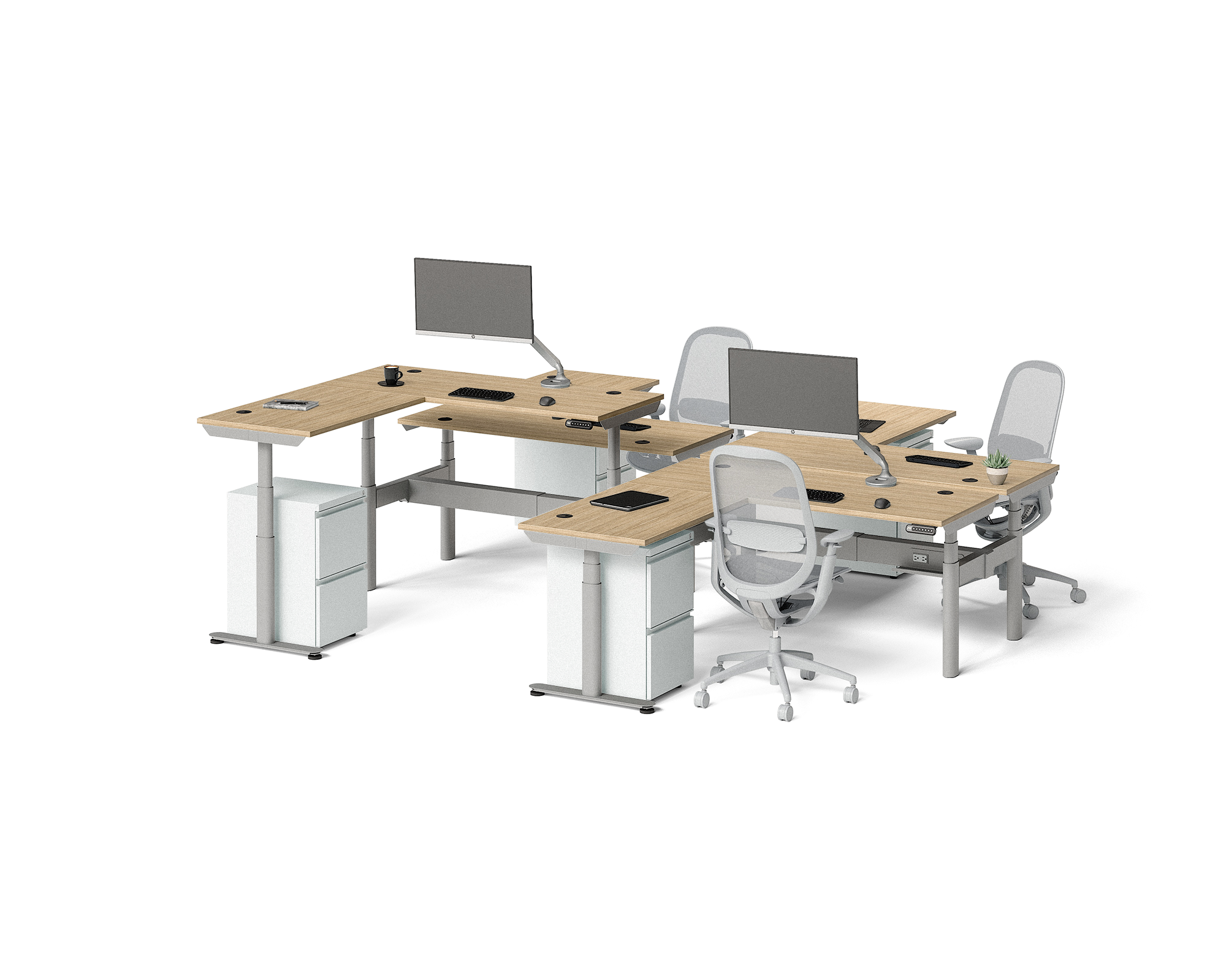 Sol L-Shaped Adjustable-Height Desks for 4