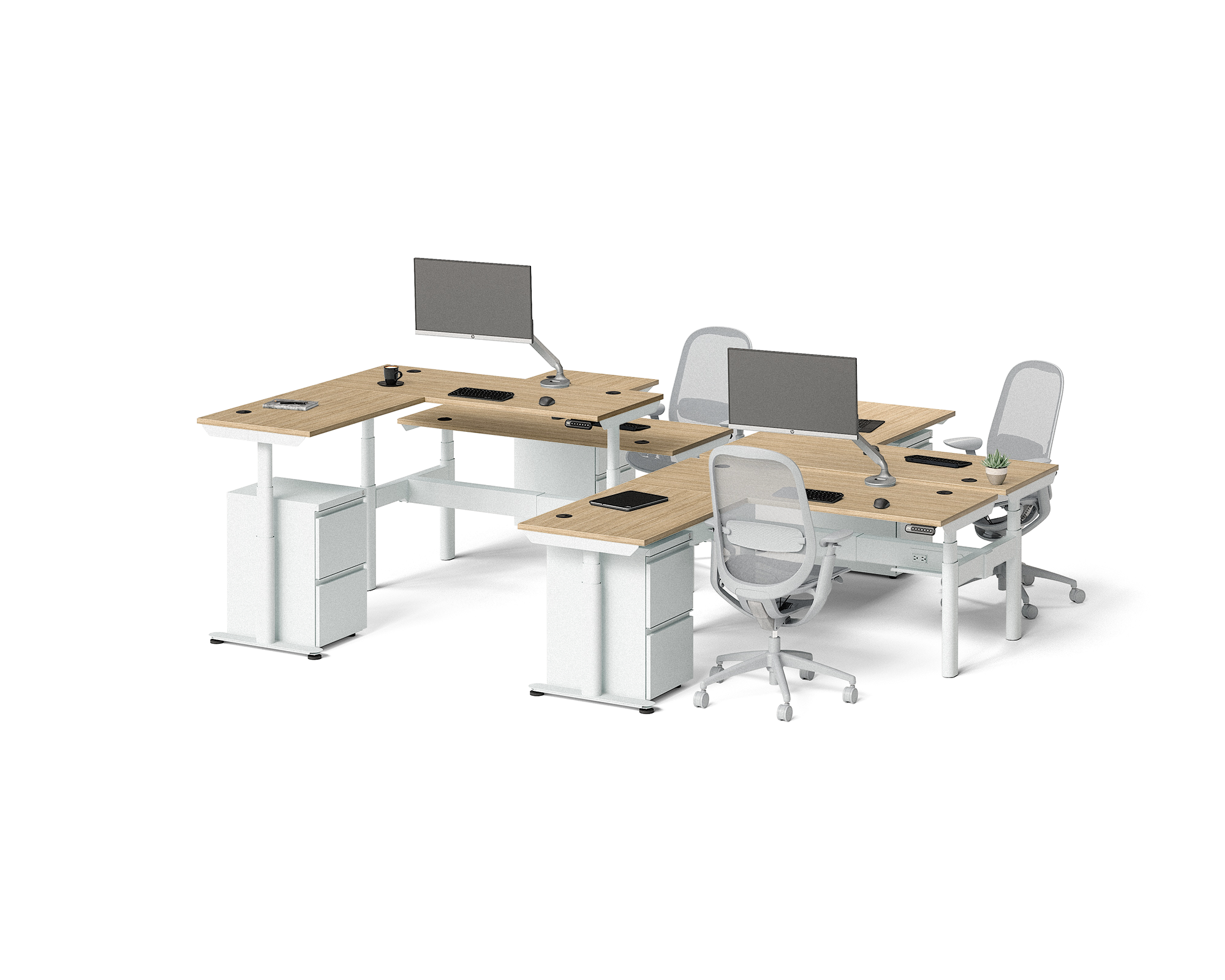 Sol L-Shaped Adjustable-Height Desks for 4