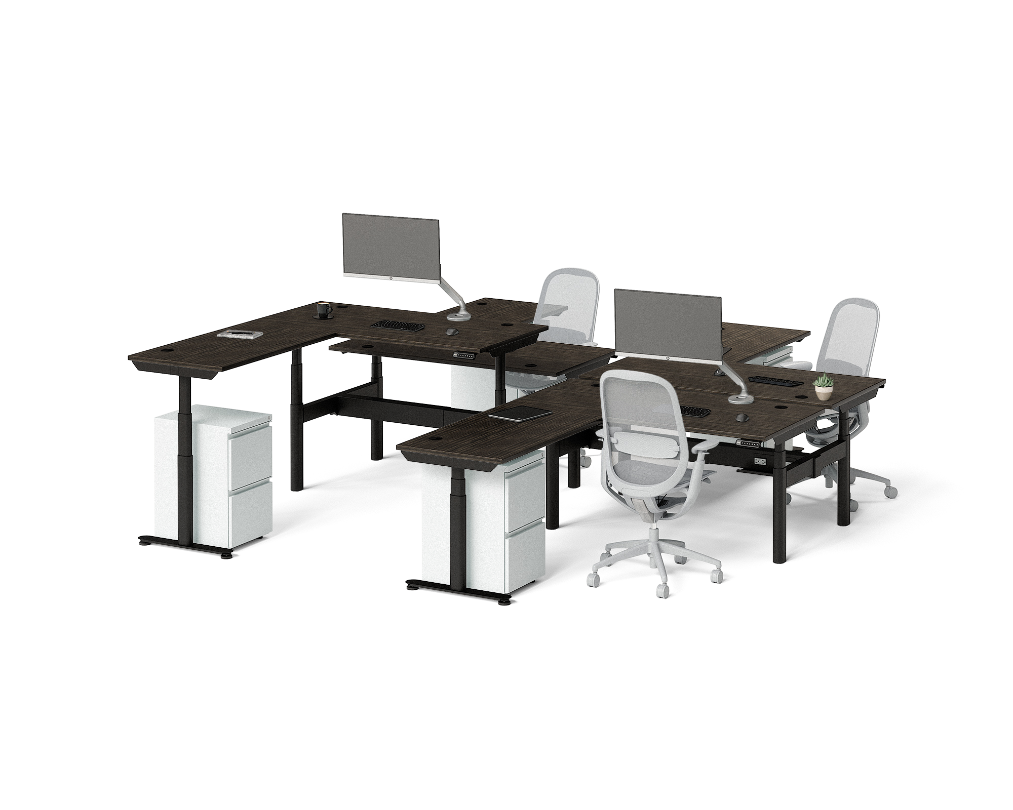 Sol L-Shaped Adjustable-Height Desks for 4