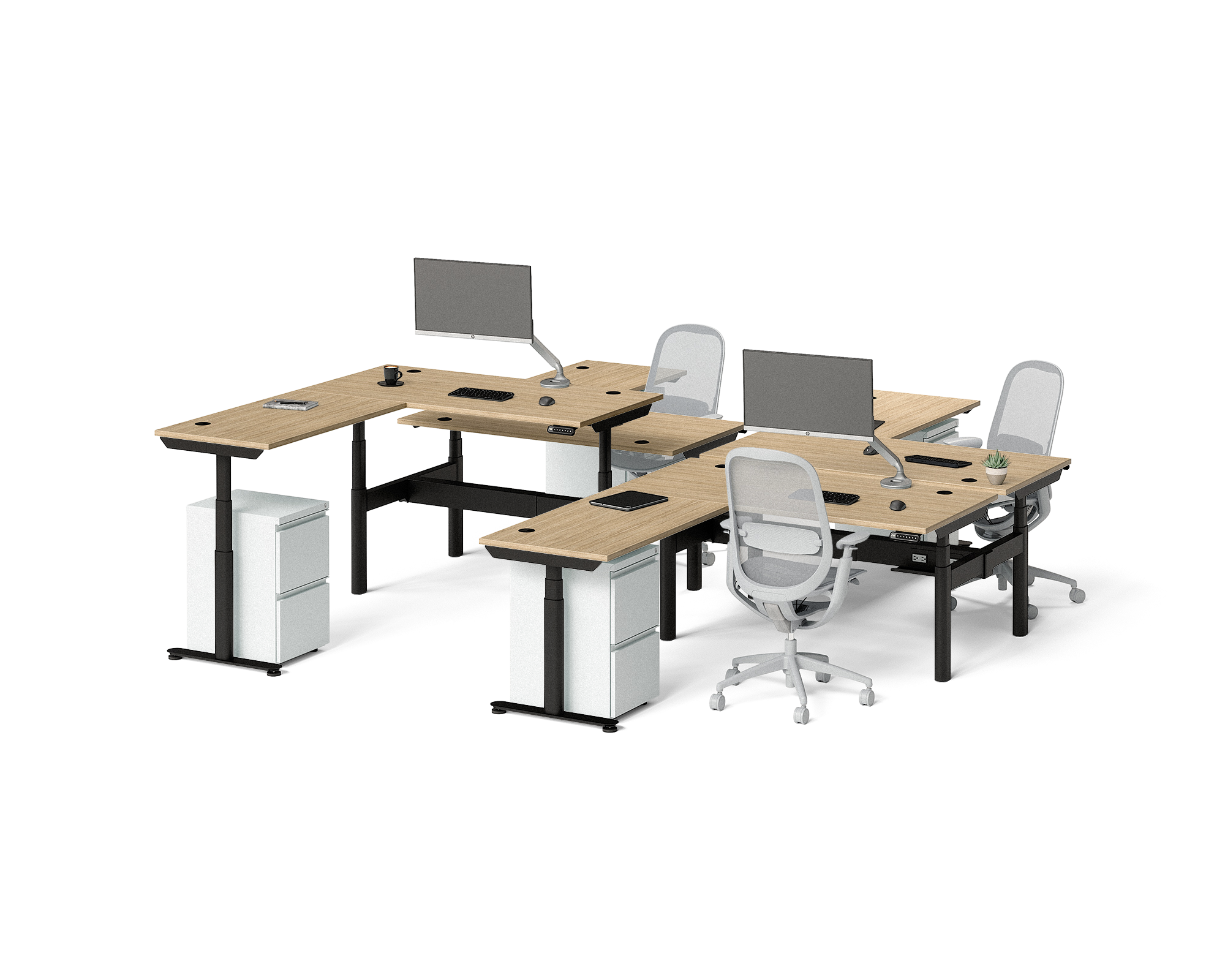 Sol L-Shaped Adjustable-Height Desks for 4