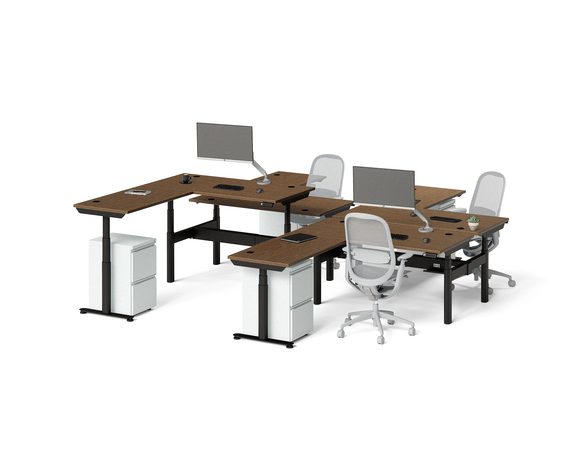 Sol L-Shaped Adjustable-Height Desks for 4