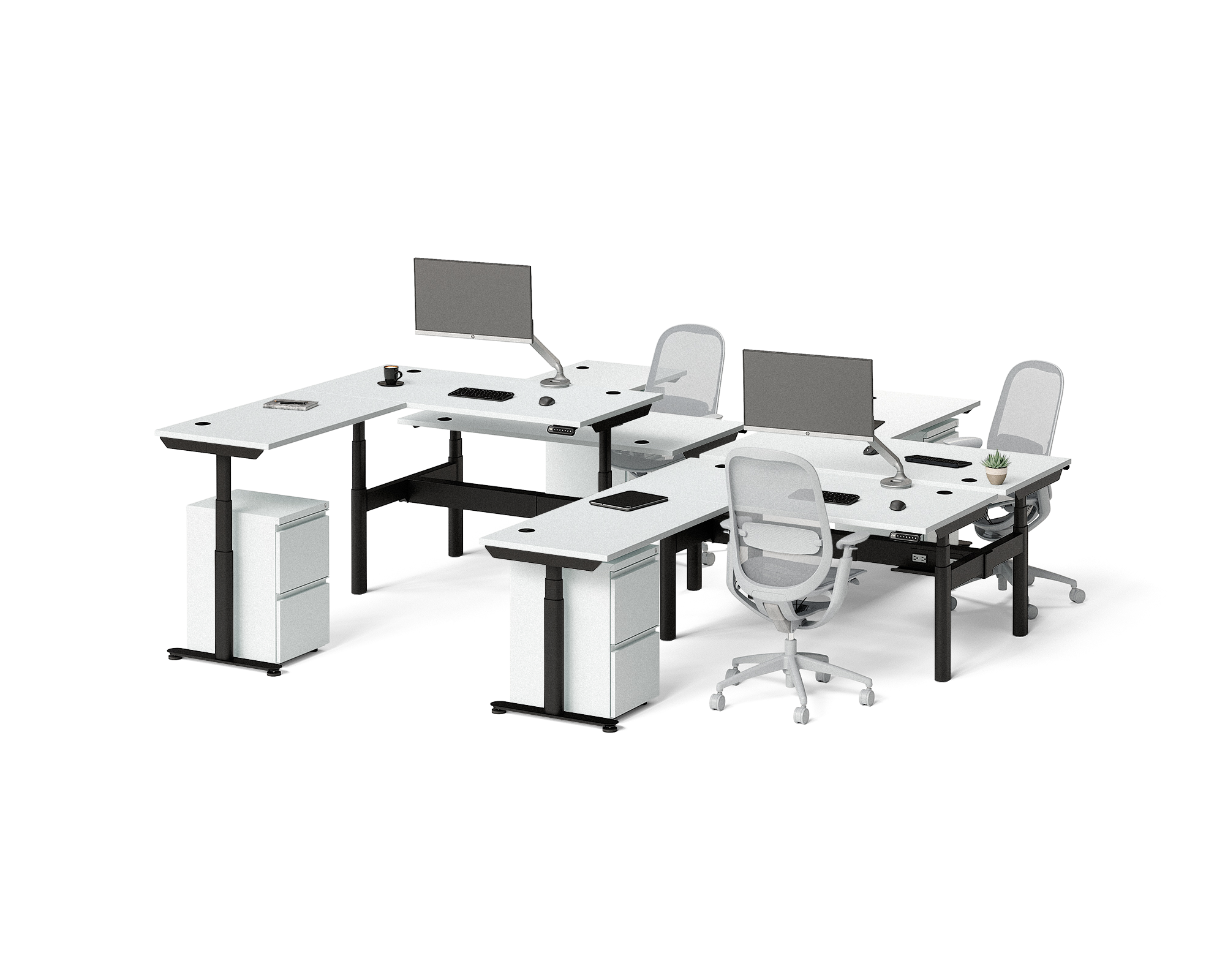 Sol L-Shaped Adjustable-Height Desks for 4