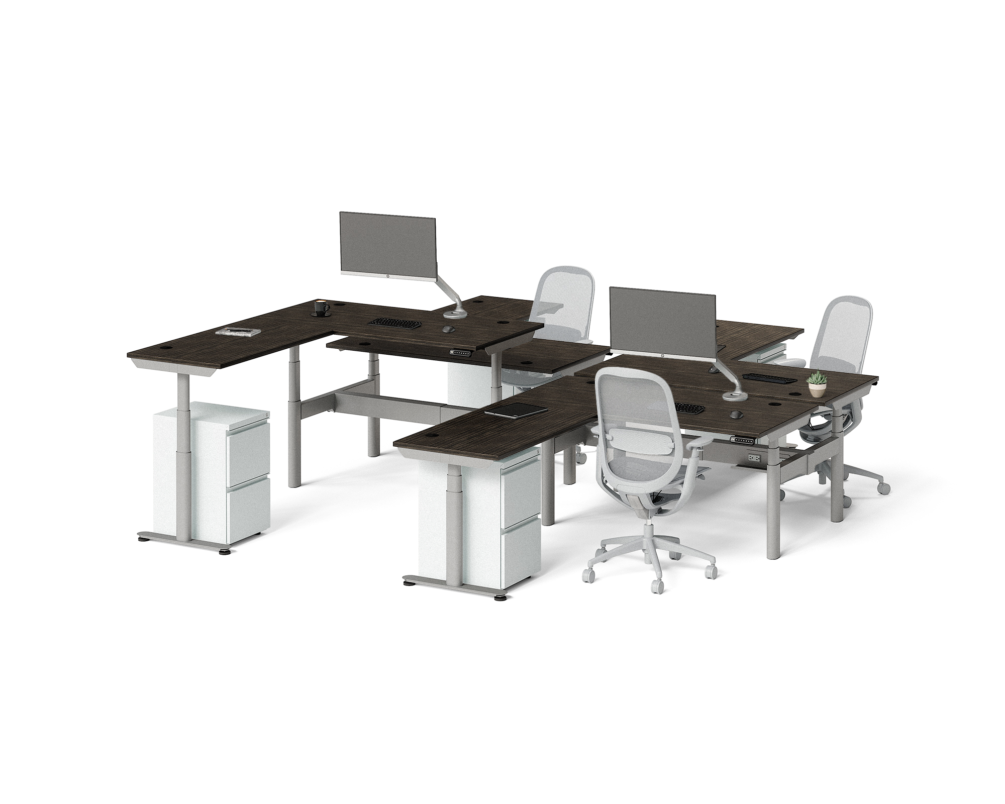 Sol L-Shaped Adjustable-Height Desks for 4
