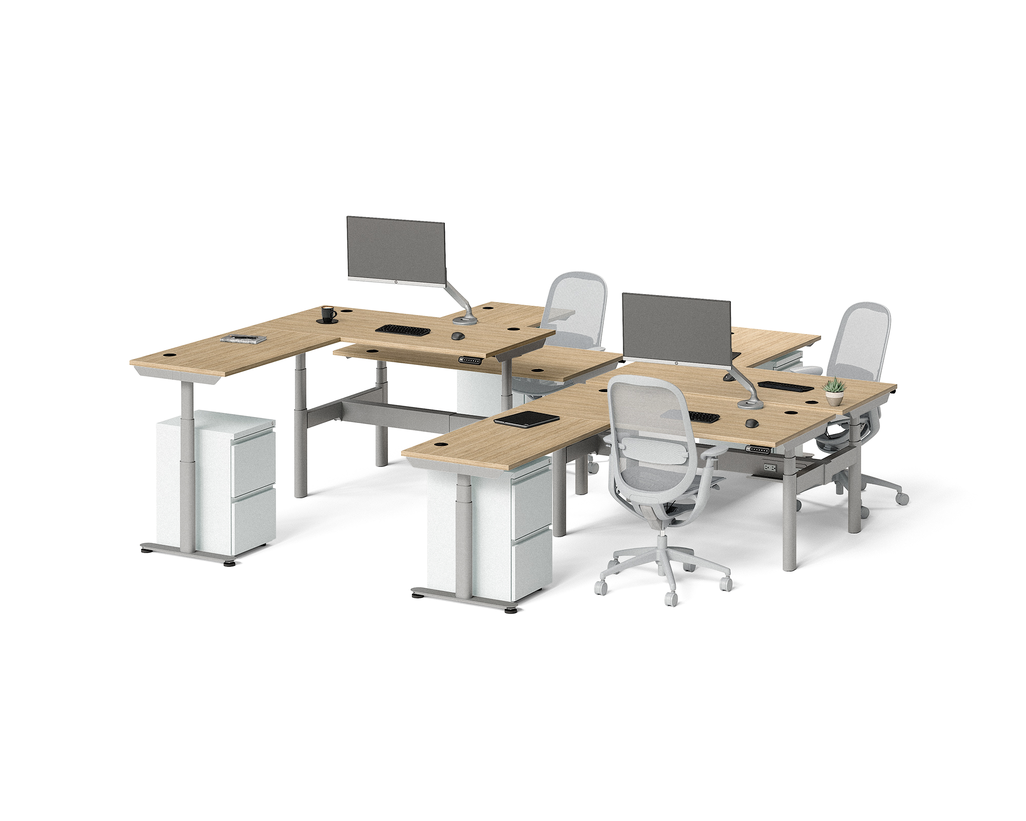 Sol L-Shaped Adjustable-Height Desks for 4