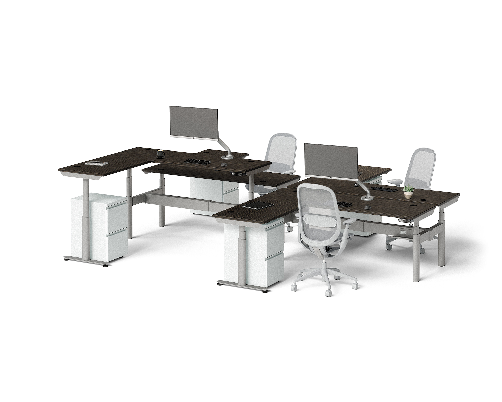 Sol L-Shaped Adjustable-Height Desks for 4