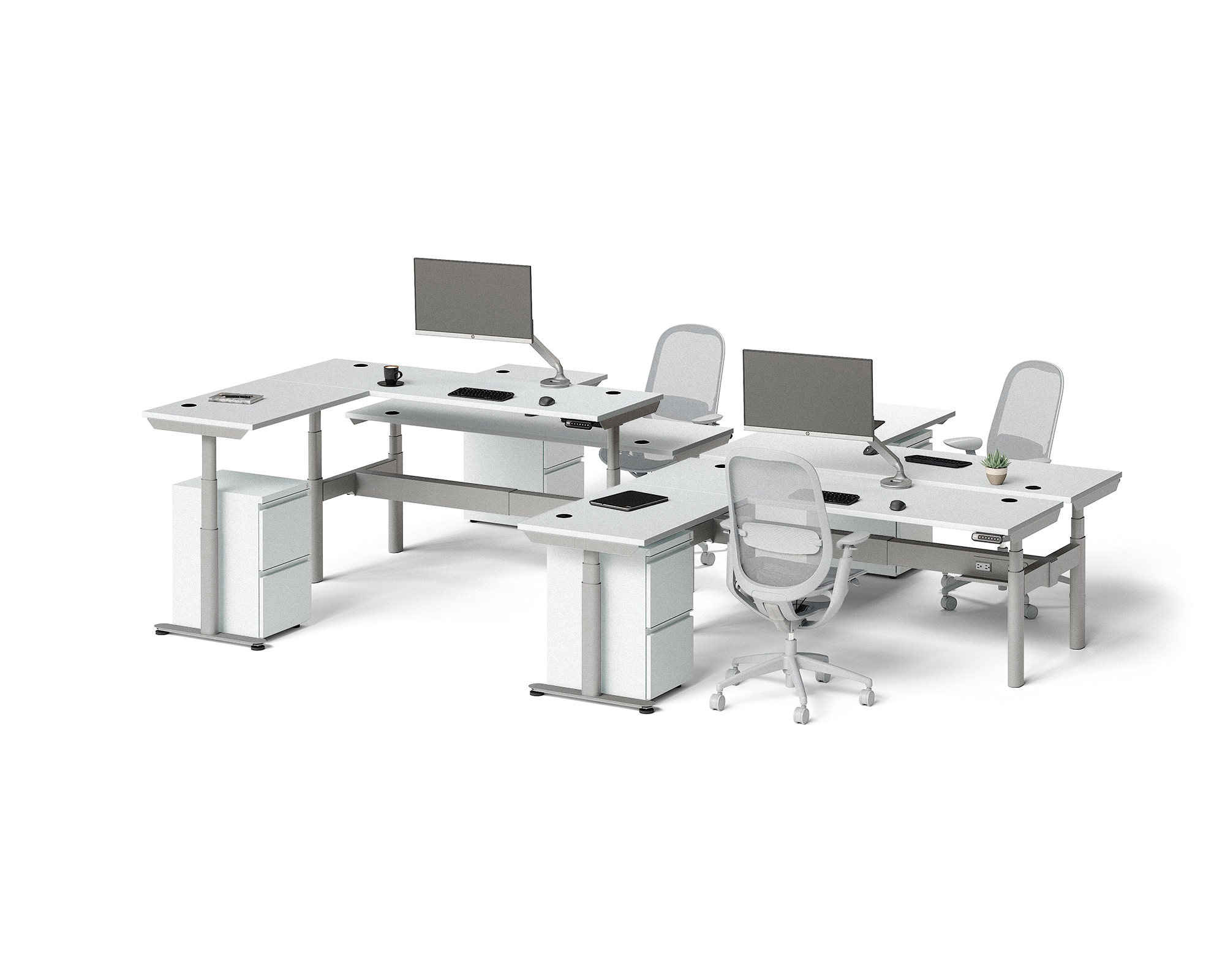 Sol L-Shaped Adjustable-Height Desks for 4