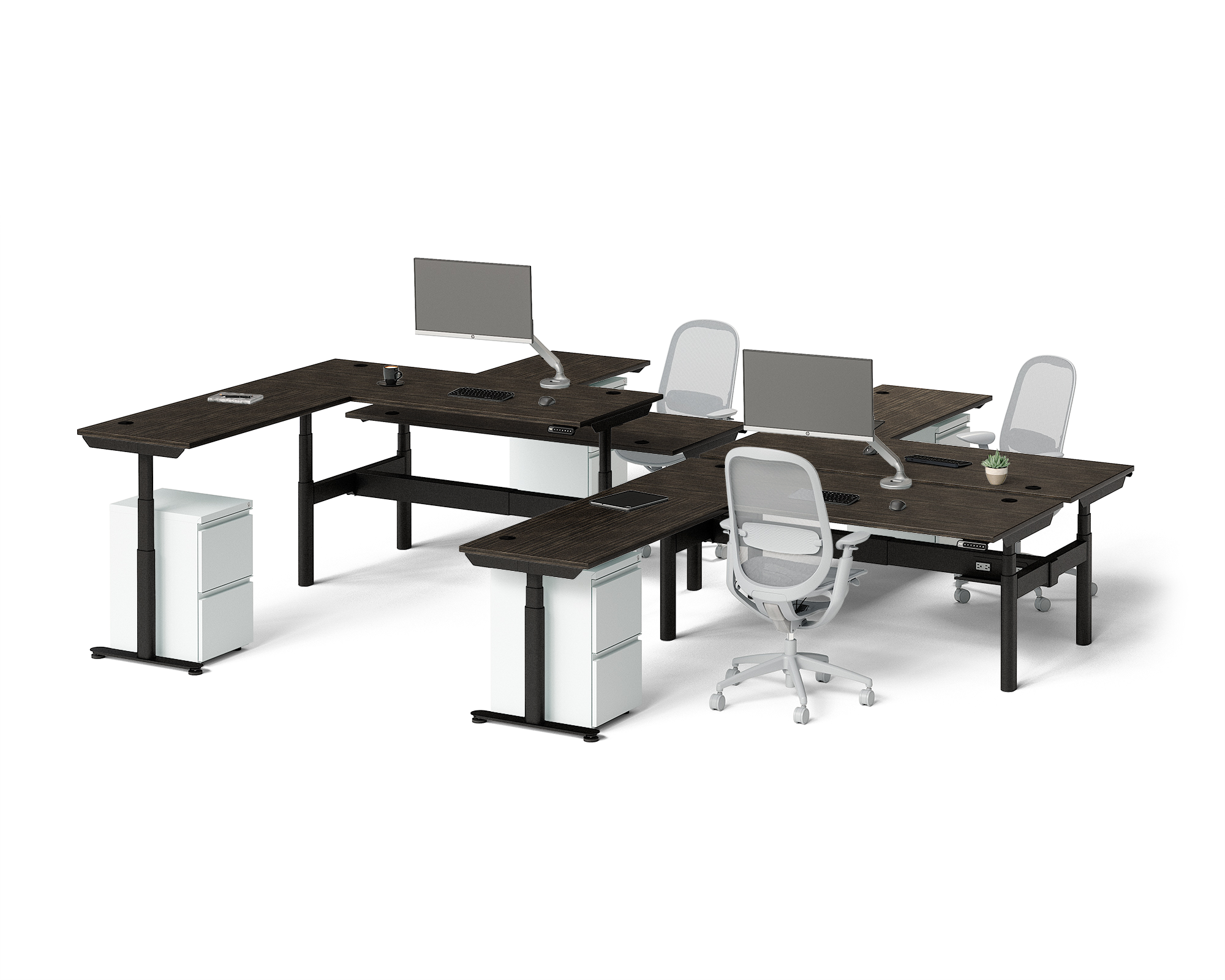 Sol L-Shaped Adjustable-Height Desks for 4