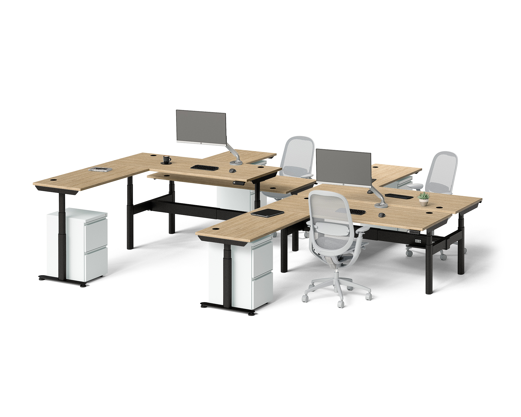 Sol L-Shaped Adjustable-Height Desks for 4