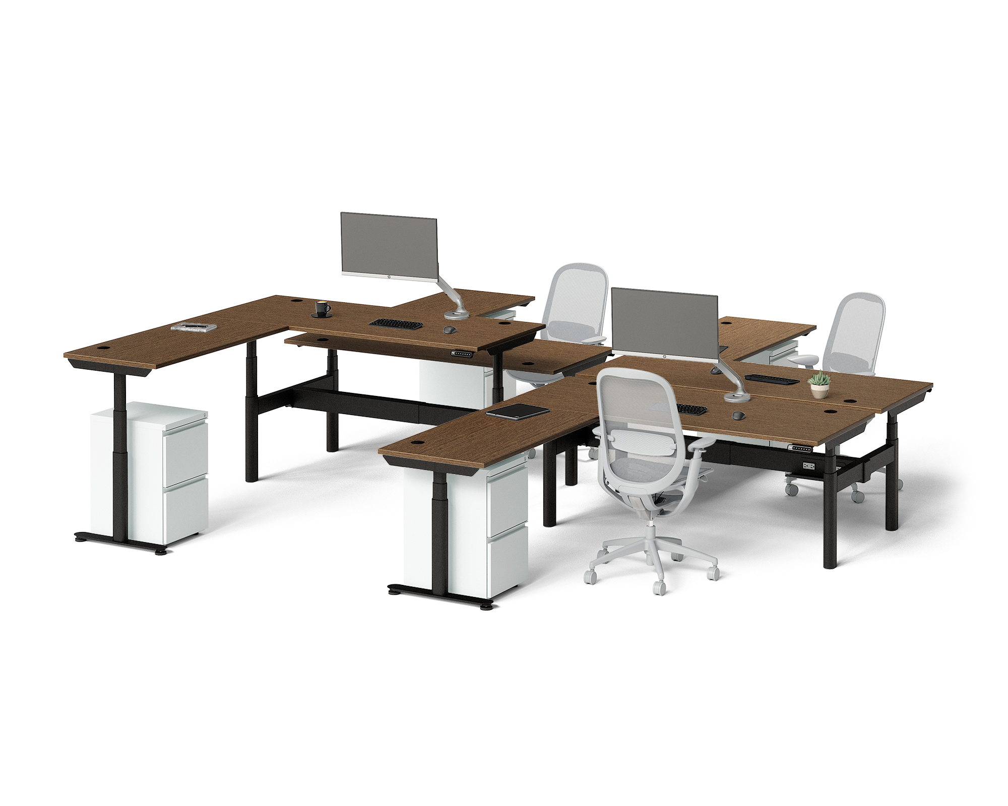 Sol L-Shaped Adjustable-Height Desks for 4