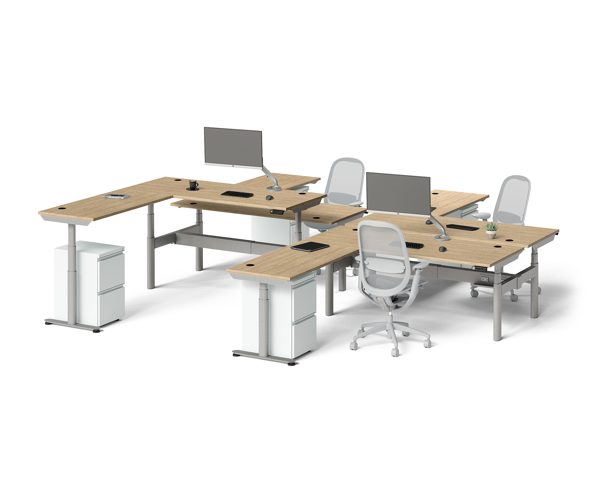 Sol L-Shaped Adjustable-Height Desks for 4