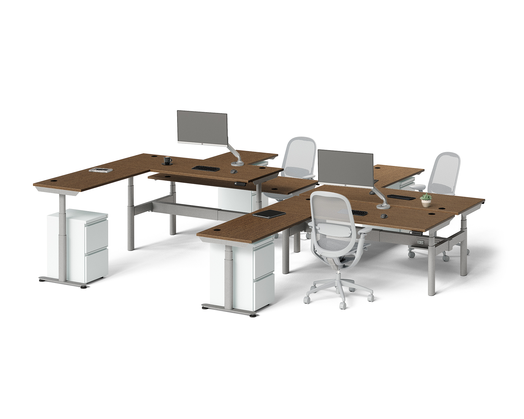 Sol L-Shaped Adjustable-Height Desks for 4
