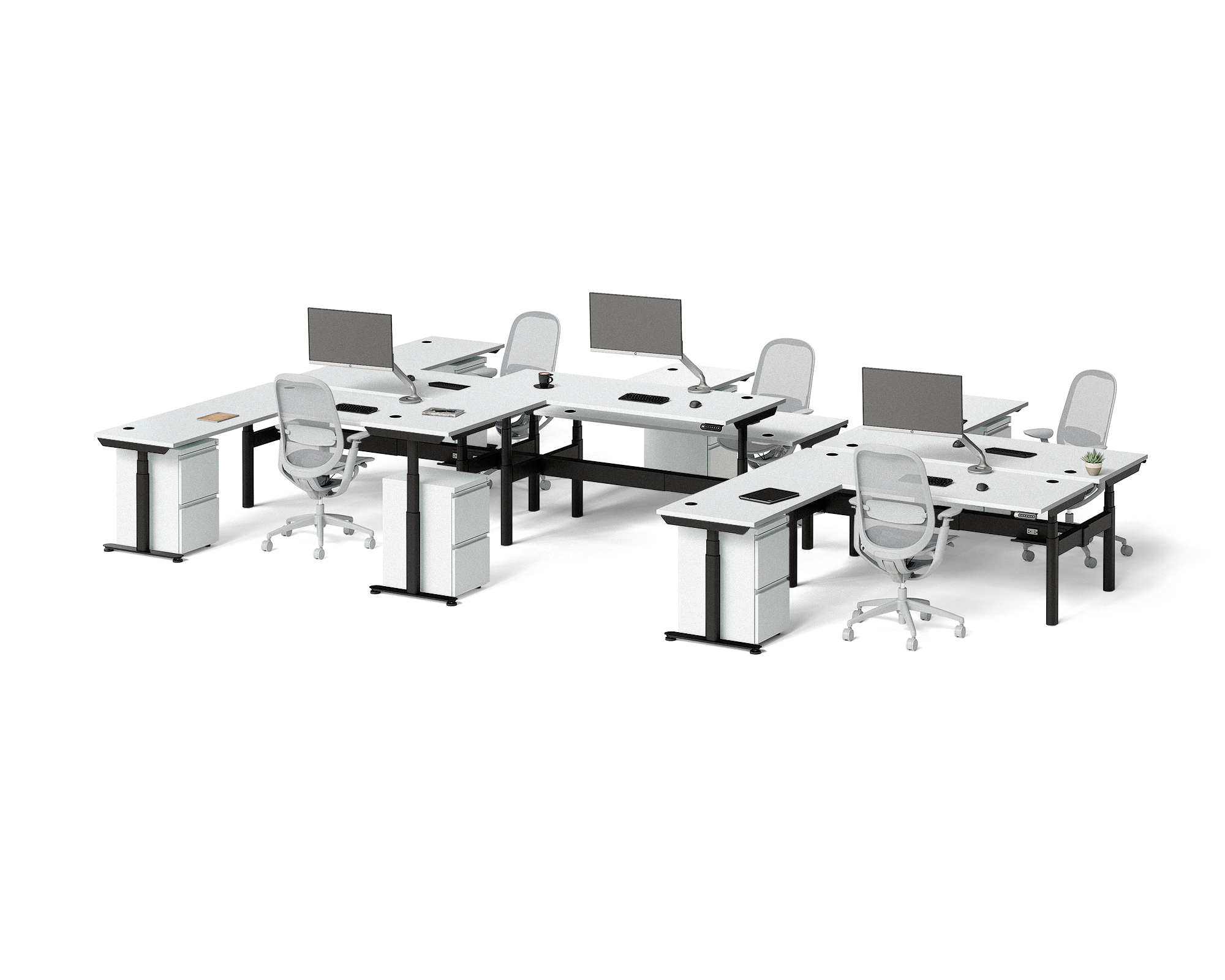 Sol L-Shaped Adjustable-Height Desks for 6