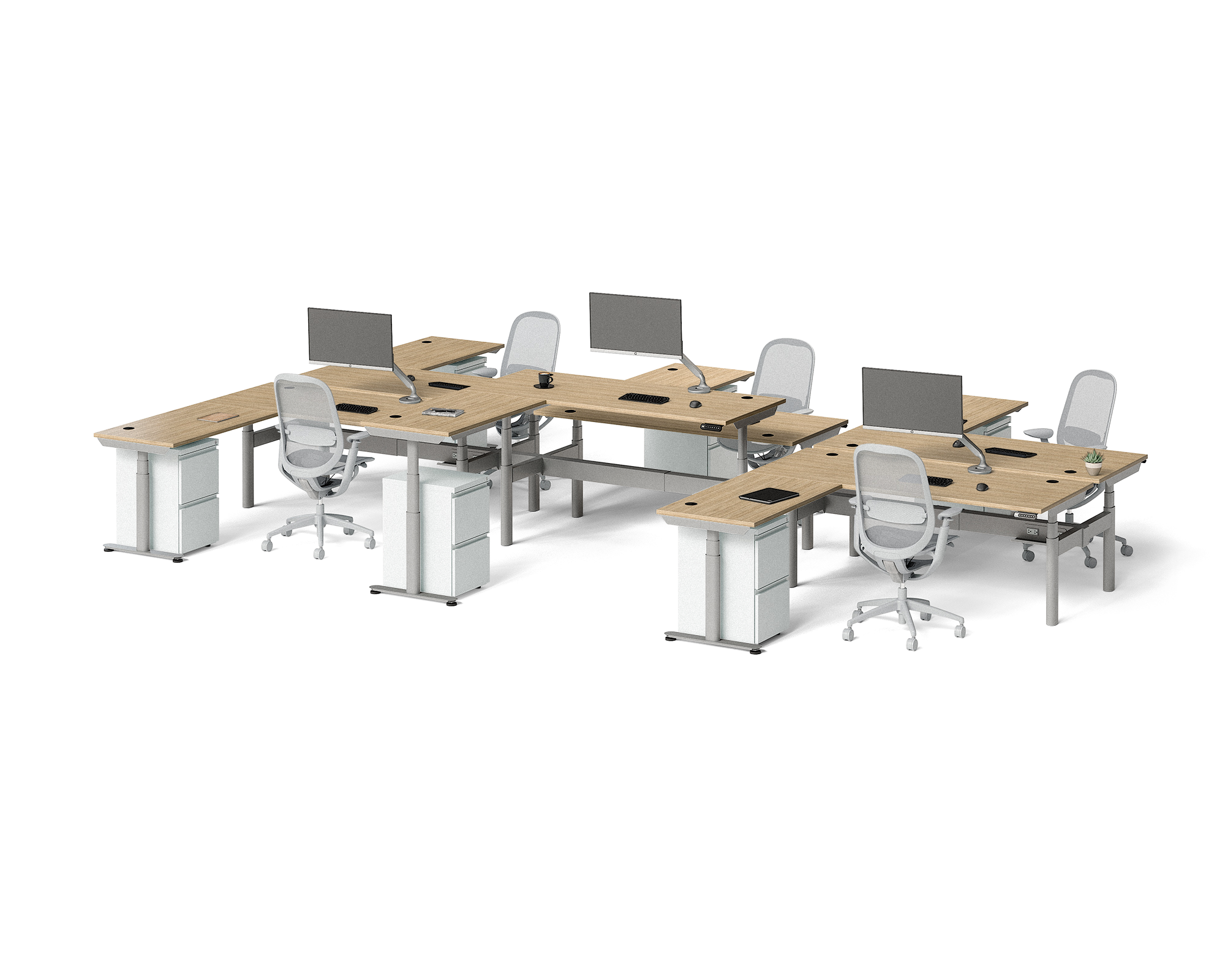 Sol L-Shaped Adjustable-Height Desks for 6