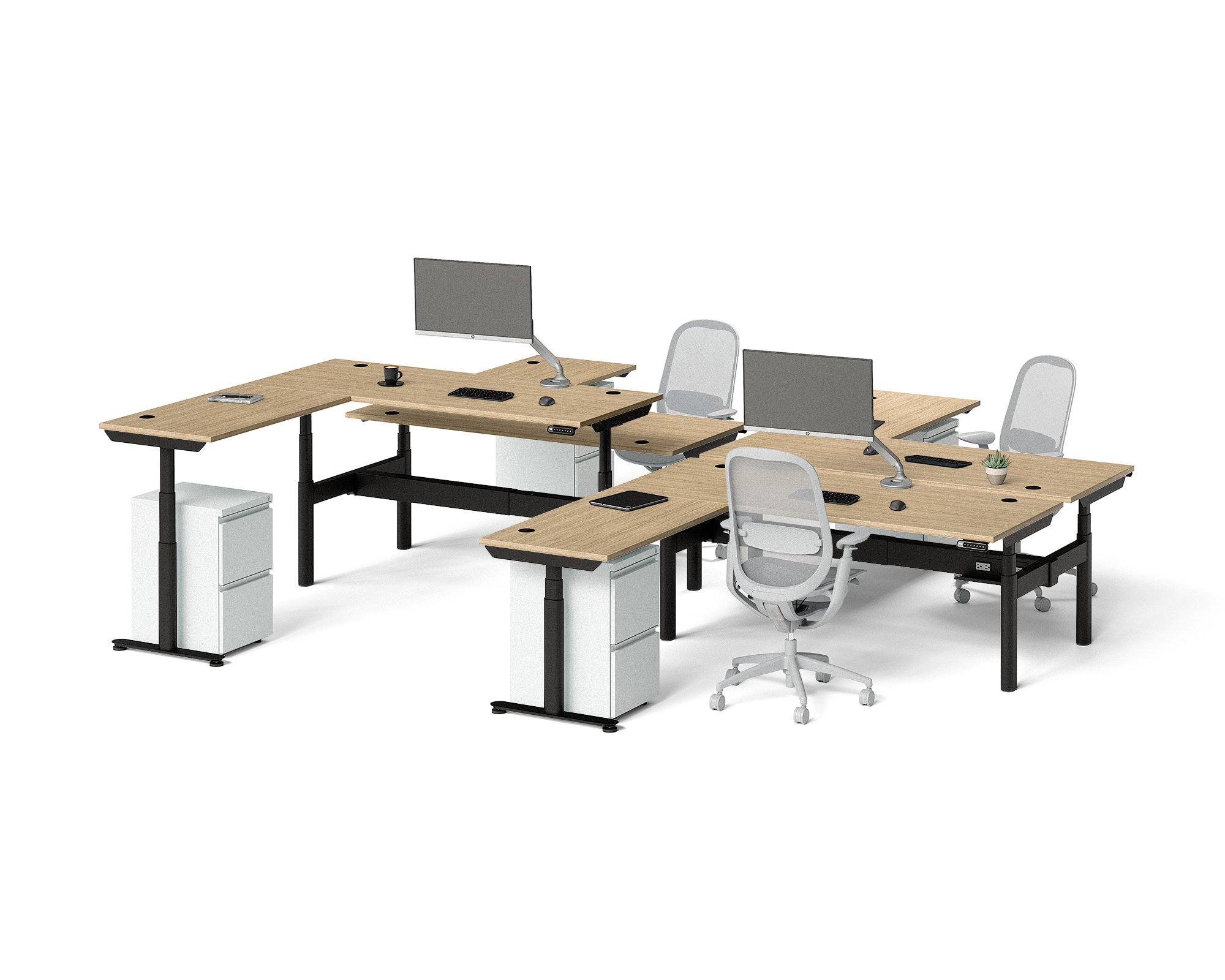 Sol L-Shaped Adjustable-Height Desks for 4
