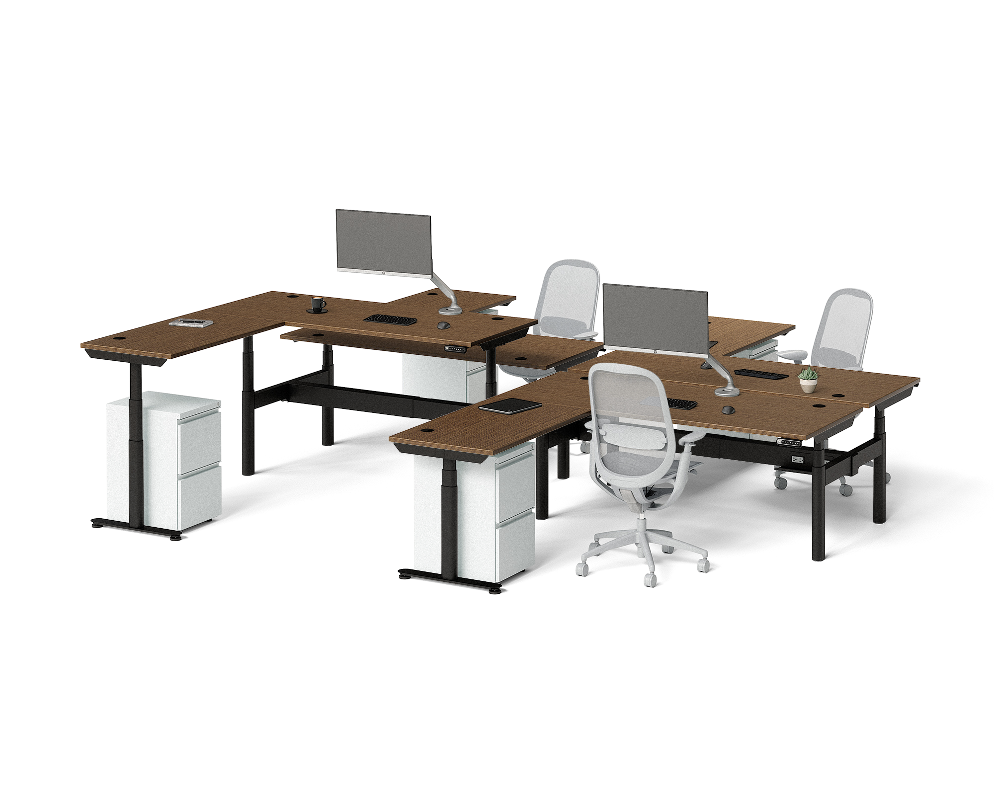 Sol L-Shaped Adjustable-Height Desks for 4