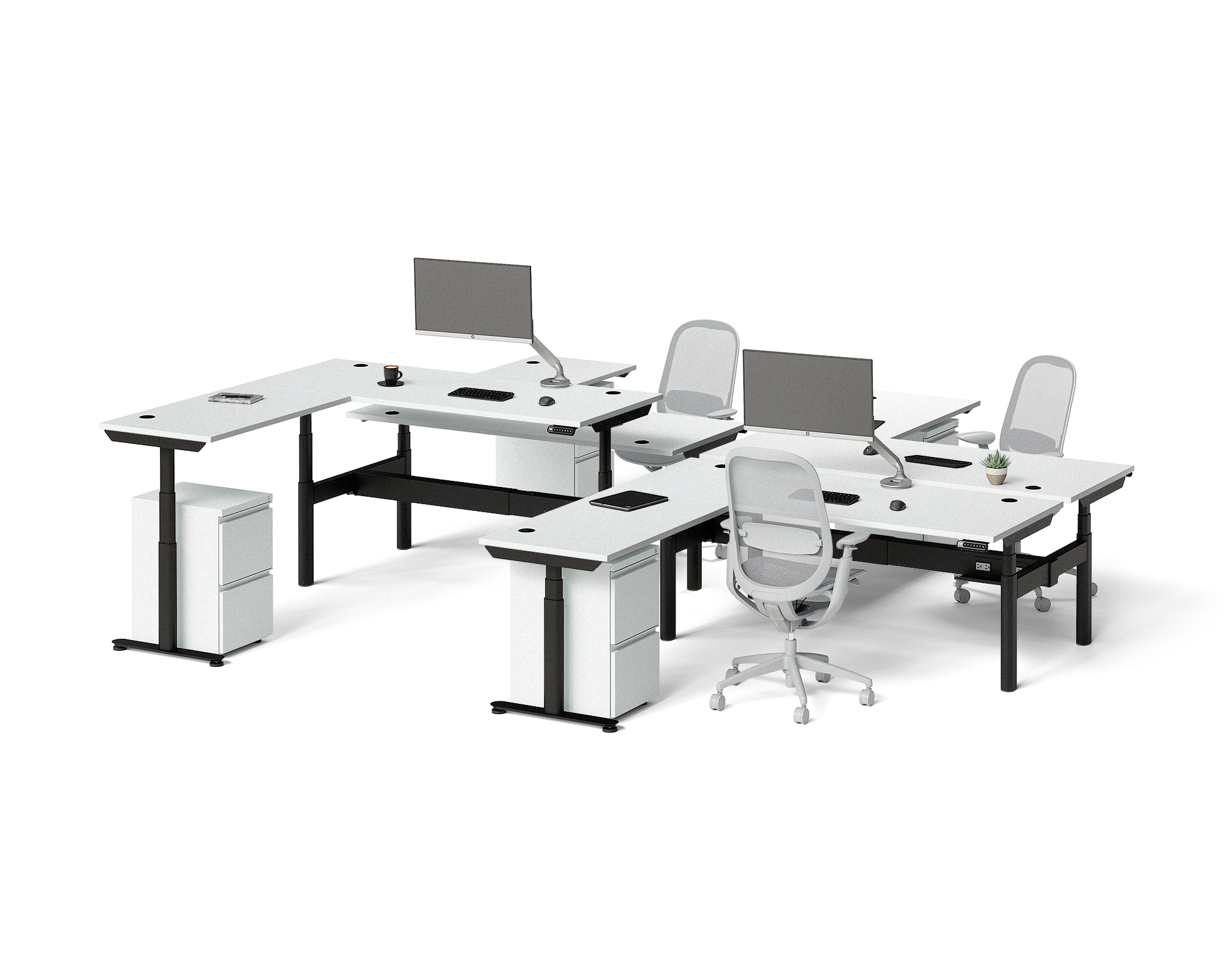 Sol L-Shaped Adjustable-Height Desks for 4