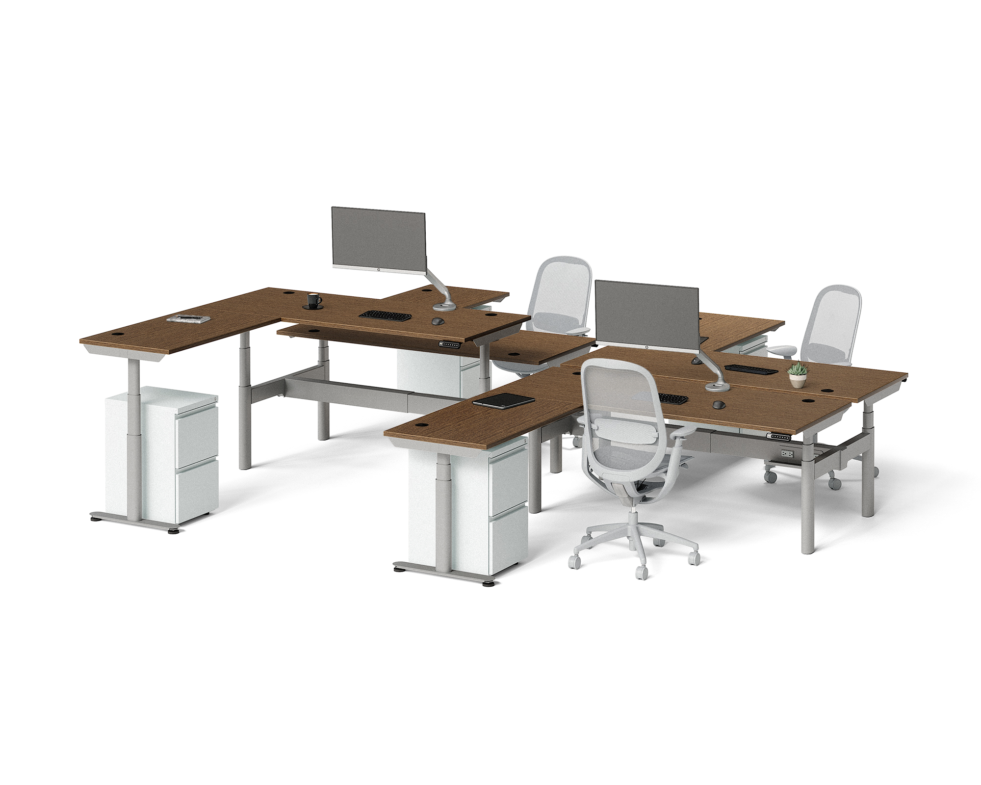 Sol L-Shaped Adjustable-Height Desks for 4