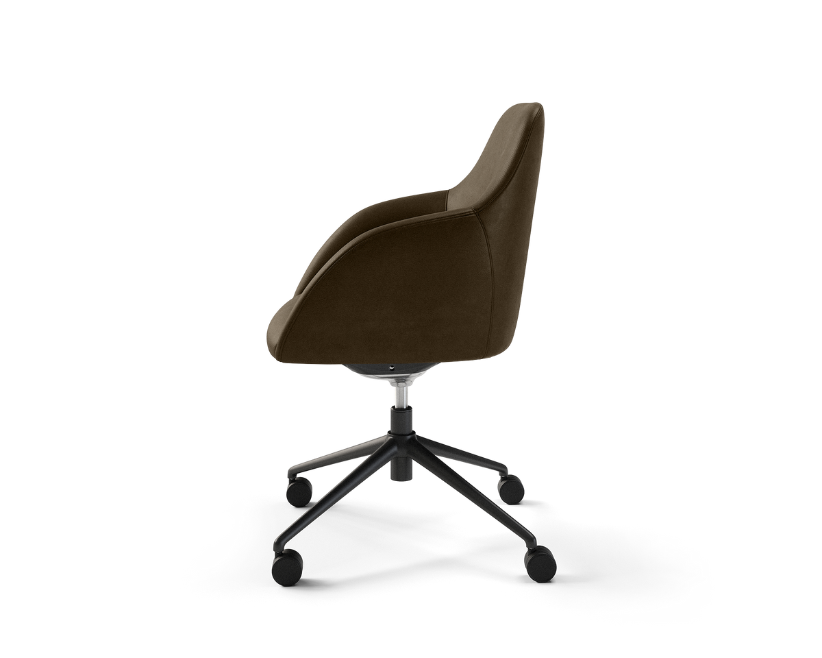 Wren Meeting Chair in Walnut Vinyl with casters (side view)